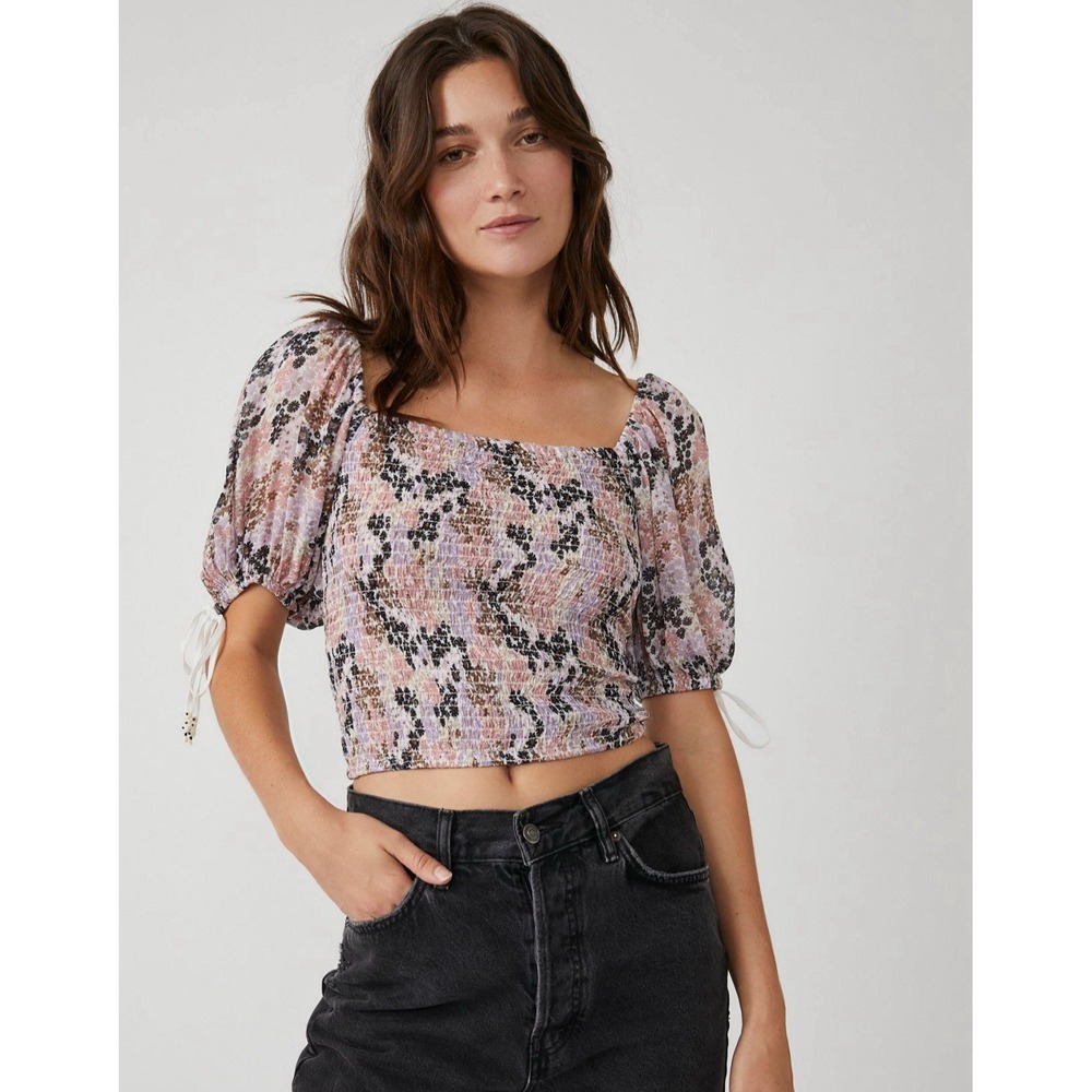 Free People Back on Top Crop Smocked‎ Shirt Blouse Puff Sleeve XS NWT Soft Combo